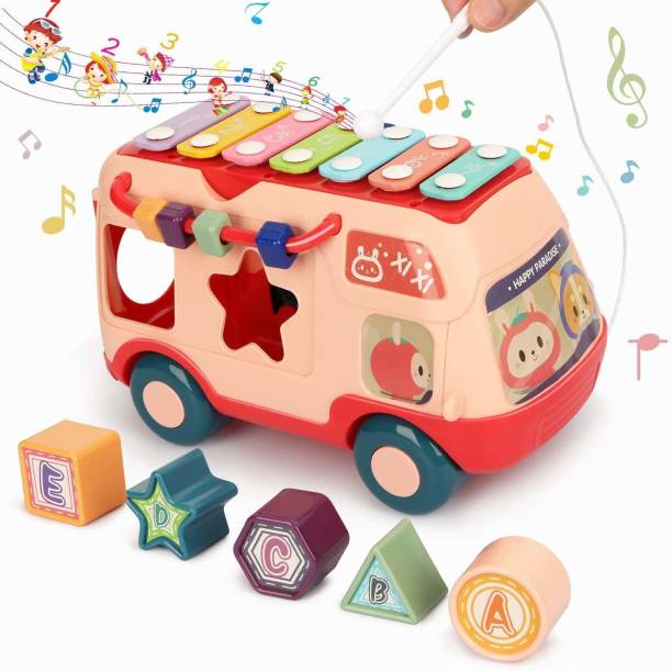 jmv Xylophone Bus Activity Toy Vehicle with Shapes, Music, Sounds, and Lights - Pink