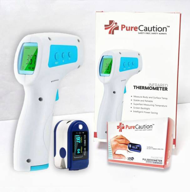 PureCaution Digital Infrared Forehead Thermometer Gun for Fever, Body Temperature (Non Contact). Best for Kids, Adults. With Fingertip OLED Display Digital SPo2 Oxigen Pulse Oximeter (Blue & White) with 4 AAA Batteries Pulse Oximeter