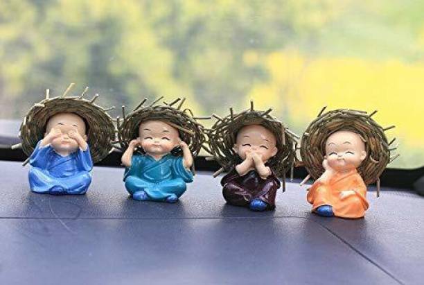 TIED RIBBONS Set of 4 Miniature Buddha Monk Figurines Showpiece for Home Decoration Decorative Showpiece  -  7 cm