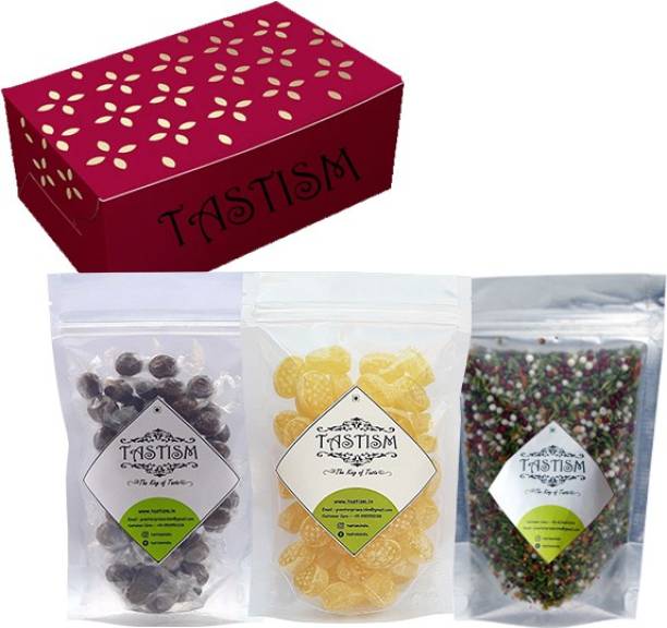Tastism Diwali Gift Hamper Home Made Mukhwas/ Mouth Fresheners (Box of 200Gms X 3)-Imli 2Pc Toffee/Sweet Tamarind Candy+Khus Mix Mukhwas Saunf+Flavoured Sweet Pineapple Juicy Candy Sweet, Sour Mouth Freshener