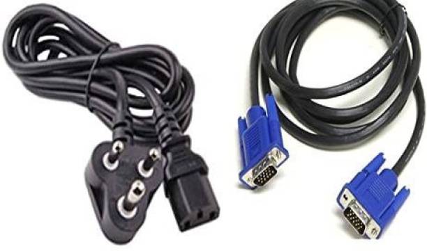CUDU Combo Set of Male to Male 15 Pin VGA and Power Cable for Computer CPU, Monitor, Printer (Blue, 1.5 m) Combo Set