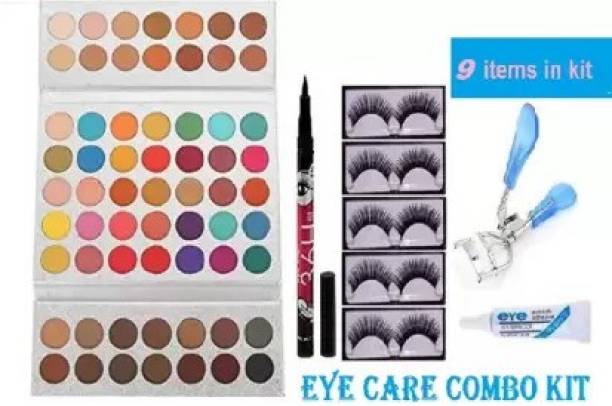 lujo Gorgeous 63 COLOUR EYE SHADOW_36Hrs Eyeliner Pen _eye curler_ glue_ 5 Eyelash _ combo kit for all skin tone__(Multicolor) (9 Items in the set) (9 Items in the set)