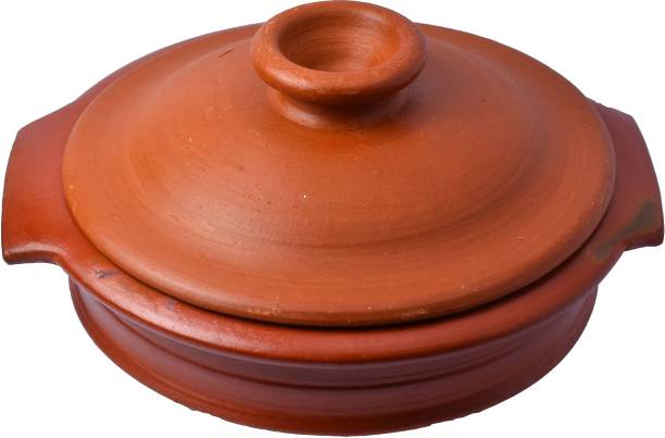 Frills & Colours Premium Earthen Cookware for Cooking and Serving- Handi Small Size-Organic-Pre-Seasoned-Natural Red Handi 3 L with Lid