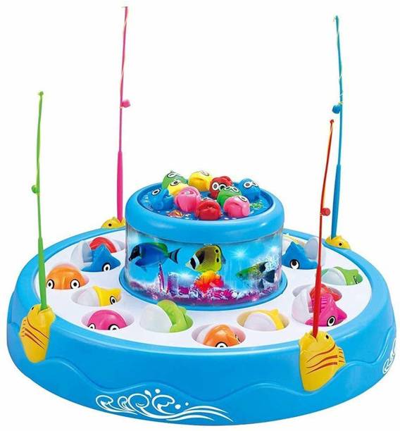 KGF Plastic Fishing Fish Catching Game with 26 Pieces of Fish, 2 Rotary Fish Pond and 4 Pods Includes Music and Light Function (Multicolour)
