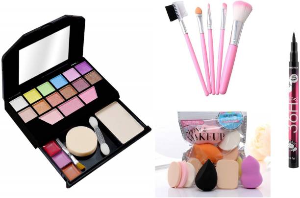 MY TYA Fashion Makeup Kit Mini + HelloKitty 5 Piece Brush Set + Me Now 6 Makeup Sponges Set + Yanqina 36 Hour Eyeliner Black