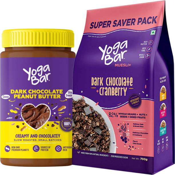 Yogabar Dark Chocolate Breakfast Combo | Peanut Butter 350g Jar & Muesli 700g Box| Dark Chocolate & Cranberry Muesli | Dark Chocolate Peanut Butter Combo