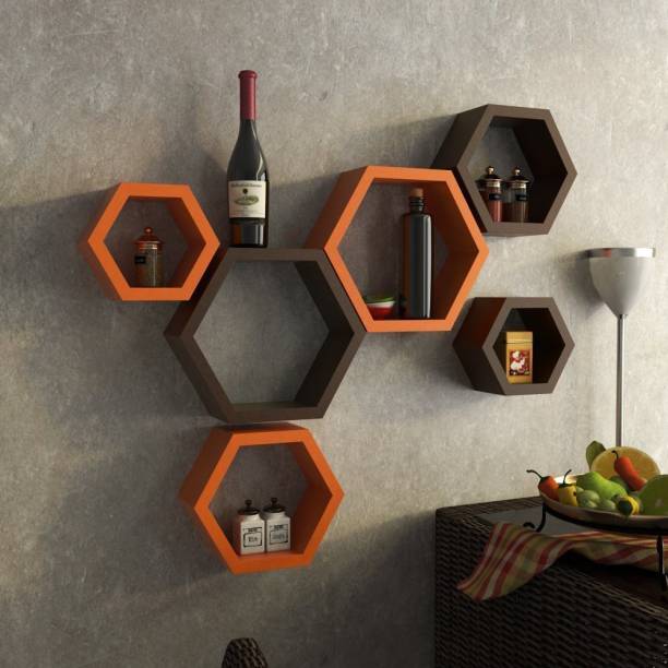Samrah Hexagon Shape Wall Mounted Shelf Rack Designer for Living Room Set of 6 MDF (Medium Density Fiber) Wall Shelf