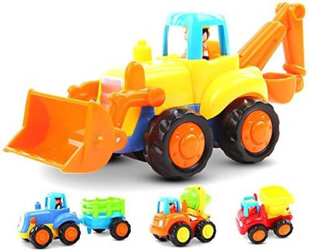 Mubco Toy Push and Go Friction Powered Car Toys Sets of 4 Tractor Bulldozer Mixer Truck and Dumper For Kids Assorted