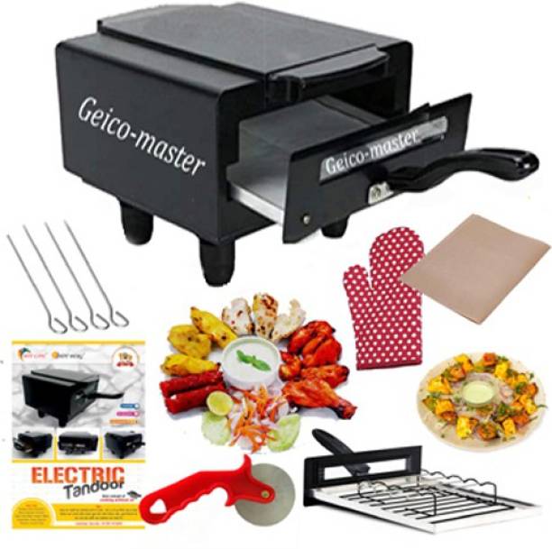 Geico master Steel Element 1500W Small Electric Tandoor Combo Hand Gloves, Grill Stand, Magic Cloth, Recipe Book, 4 Skewers, Pizza Cutter, 4 Shocked Proof Rubber Legs (Black) Electric Tandoor
