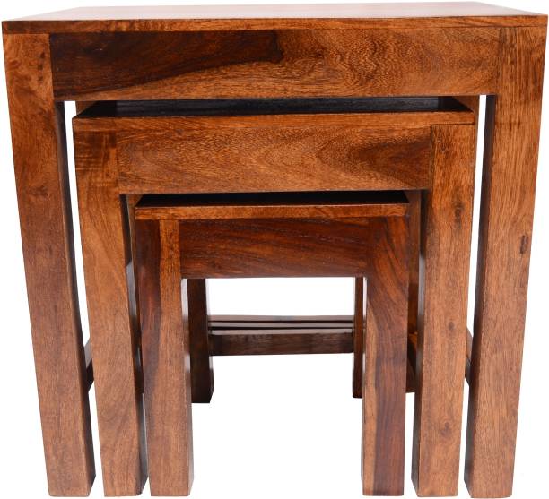 Woodware Solid Sheesham Wood Nesting Tables for Living Room Set of 3 Stools Wooden Bedside Table for Bedroom Table Set for Home and Office (Style 4) Solid Wood Nesting Table
