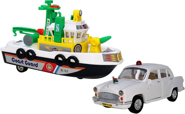 Gift Box Set Of 2 Small Size Made Of Plastic Indian Automobile Model Harbor Boat Toy +Vintage Car Toys For Kids| Children Playing Toys| Very Small Size(2 Combo Offer)