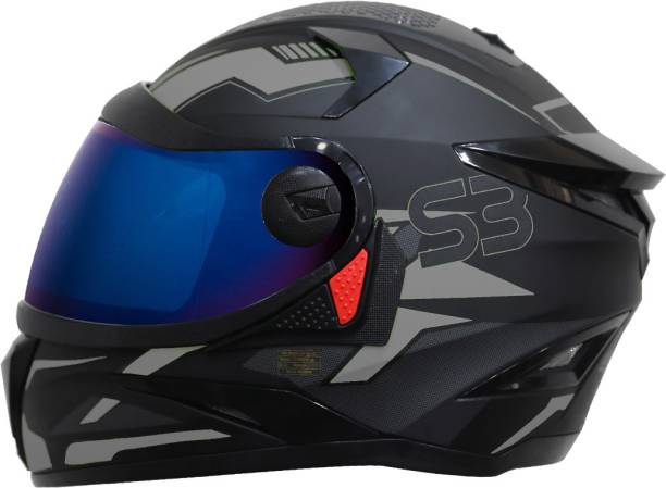 Steelbird SBH-17 Terminator Full Face Graphic Helmet in Matt Black Grey with Blue Visor Motorbike Helmet