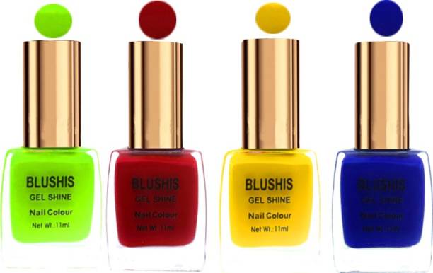 BLUSHIS Gel Shine Nail Color Pack Of 4 Red,Corn yellow,Blue ,lime