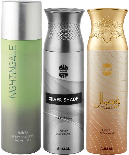 Ajmal 1 Nightingale , 1 Silver Shade and 1 Wisal Deodorants for Unisex each 200ML Pack of 3+4 Parfum Testers Deodorant Spray  -  For Men & Women