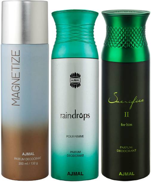 Ajmal 1 Magnetize , 1 Raindrops and 1 Sacrifice II Deodorants for Unisex each 200ML Pack of 3+4 Parfum Testers Deodorant Spray  -  For Men & Women