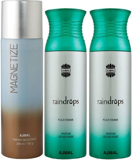 Ajmal 1 Magnetize and 2 Raindrops Deodorants for Unisex each 200ML Pack of 3+4 Parfum Testers Deodorant Spray  -  For Men & Women