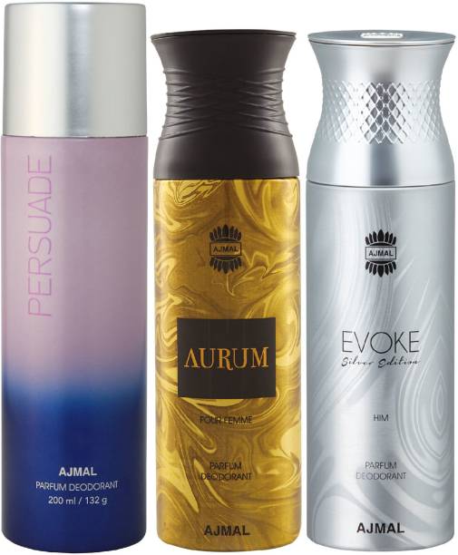 Ajmal 1 Persuade , 1 Aurum and 1 Evoke Silver Edition Deodorants for Unisex each 200ML Pack of 3+4 Parfum Testers Deodorant Spray  -  For Men & Women