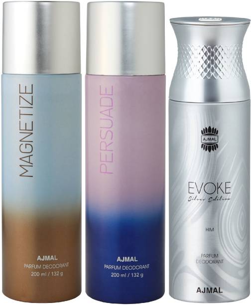 Ajmal Magnetize and Persuade and Evoke Silver Edition Deodorants for Unisex each 200ML Pack of 3+4 Parfum Testers Deodorant Spray  -  For Men & Women