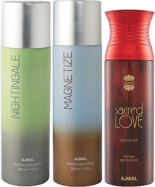 Ajmal Nightingale and Magnetize and Sacred Love Deodorants for Unisex each 200ML Pack of 3+4 Parfum Testers Deodorant Spray  -  For Men & Women