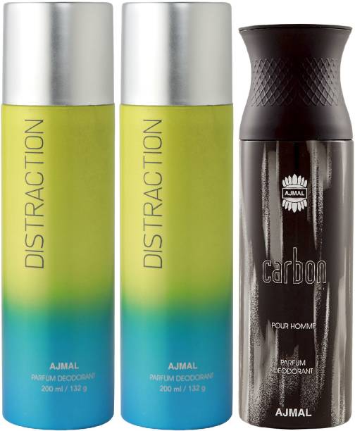 Ajmal 2 Distraction and 1 Carbon Deodorants for Unisex each 200ML Pack of 3+4 Parfum Testers Deodorant Spray  -  For Men & Women