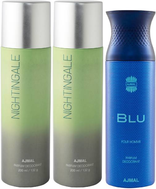 Ajmal 2 Nightingale and 1 Blu Deodorants for Unisex each 200ML Pack of 3+4 Parfum Testers Deodorant Spray  -  For Men & Women