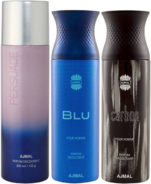 Ajmal 1 Persuade , 1 Blu and 1 Carbon Deodorants for Unisex each 200ML Pack of 3+4 Parfum Testers Deodorant Spray  -  For Men & Women