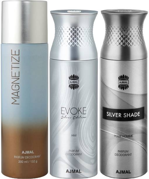 Ajmal 1 Magnetize , 1 Evoke Silver Edition and 1 Silver Shade Deodorants for Unisex each 200ML Pack of 3+4 Parfum Testers Deodorant Spray  -  For Men & Women