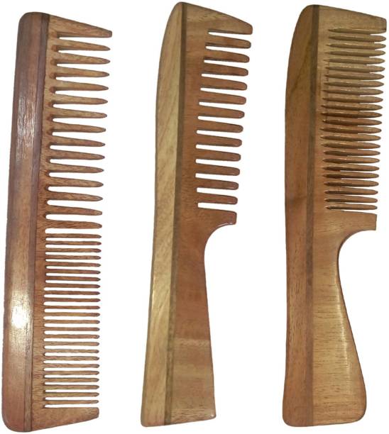 Ginni Marketing 3 Neem Wood Combs (Regular detangler + regular handle+ detangler handle
