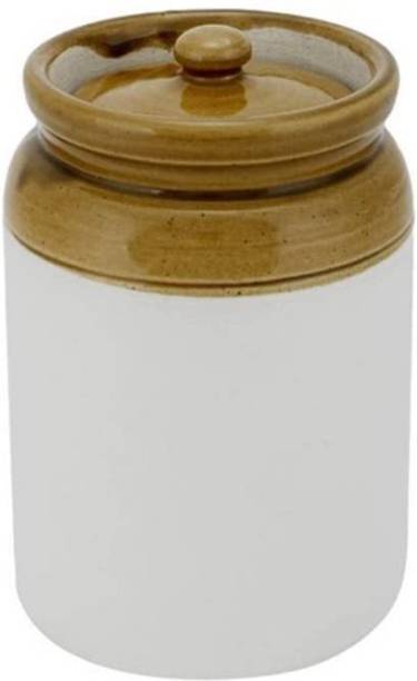 Kerala Handicrafts Ceramic Pickle Jar Set ( Ceramic jar with lid ) | Microwave Safe | pickle serving jar For dinning table -6 liter Ceramic Pickle Jar (Pack of 1, Milk Creamy Colour)  - 6 L Ceramic Pickle Jar