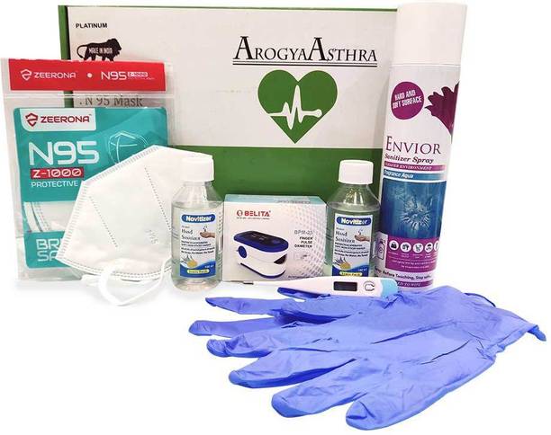 ArogyaAsthra Covid Isolation Kit – Pulse Oximeter, N95 Mask, Digital Thermometer, Sanitizer, Gloves, Disinfectant spray with14 day Tracking Sheet -…