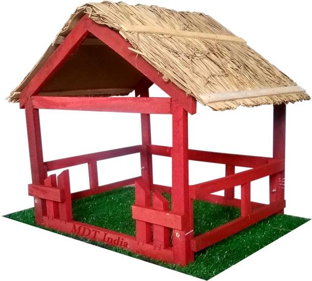 MDT India Holy Christmas Decoration for Home - Foldable Wooden Crib House Hay Roof Xmas Stable Separate Pieces 46 cm Pack of 1