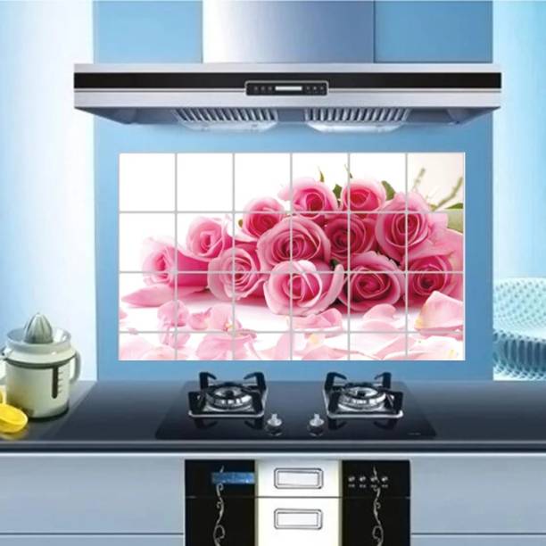 KAAF Kitchen Sticker (60cmx90cm) Oil Proof Decal Sticker Heat-Resistant Waterproof Tile Wall Self-Adhesive Stickers (Pink Roses) Large Self Adhesive Sticker