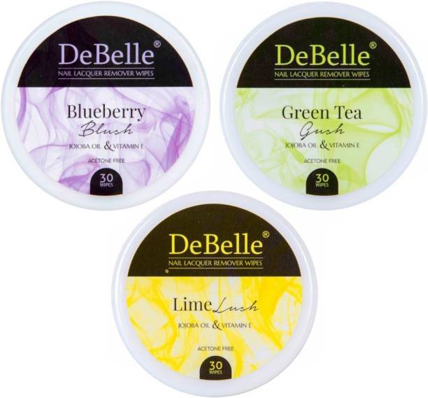 DeBelle Nail Lacquer Remover Wipes Combo of 3 ( Blueberry Blush, Greentea Gush, Lime Lush) , 30 Pads each