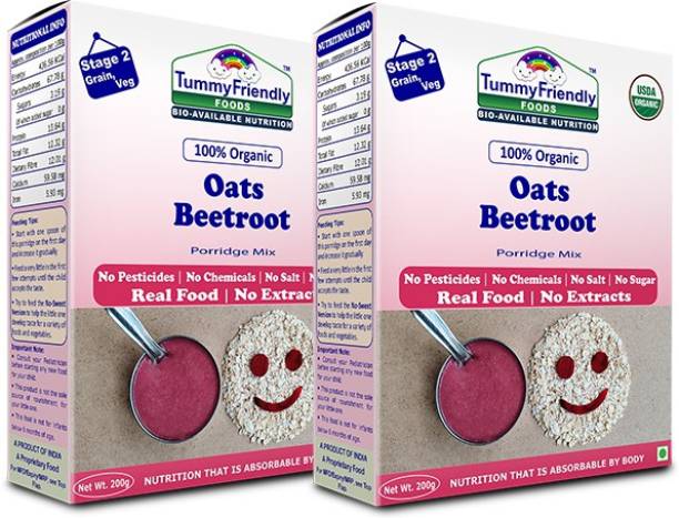 TummyFriendly Foods USDA Certified 100% Organic Oats, Beetroot Porridge Mix , Organic Baby Food for 6 Months Old , Rich in Beta-Glucan, Protein & Fibre, 200g Each, 2 Packs Cereal
