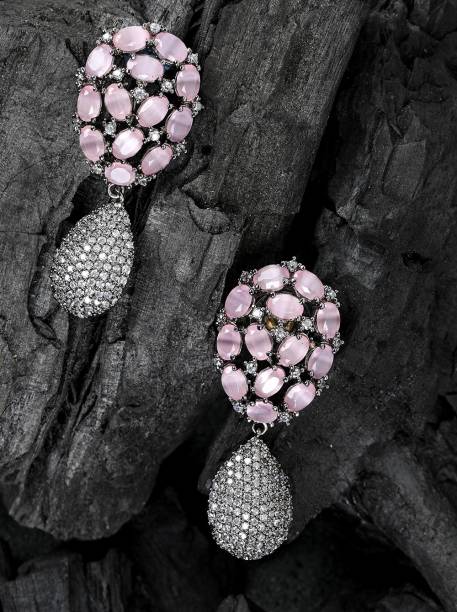 Priyaasi Silver Plated Artificial Stones Studded Drop Earrings for Women and Girls (Grey & Pink) Brass Drops & Danglers