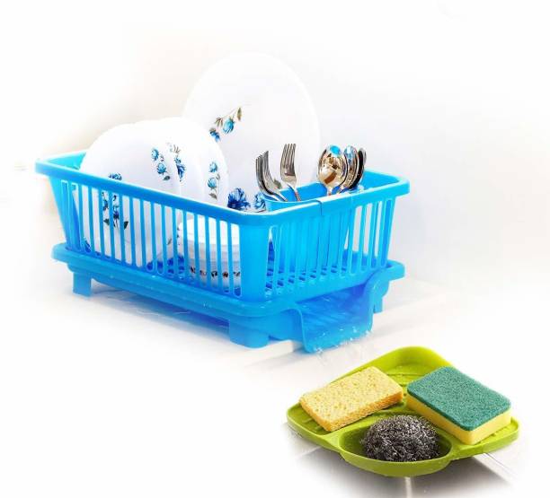 DDecora Popular combo of 3 in 1 Kitchen Sink Dish Drainer Drying Rack Washing Basket with Tray for Utensils Tools Cutlery(BLUE) Dish Drainer Kitchen Rack