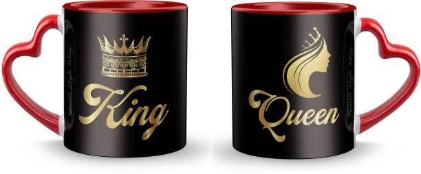Youth Style "King Queen" Printed Red Heart Shape Handle Coffee and Tea Ceramic- 11Oz Gift for Birthday , anniversary Couple, Friends, Lover, beutyfull set of 2 Ceramic Coffee (330 ml, Pack of 2) Ceramic Coffee Mug