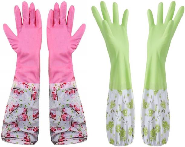 Mobfest ® (Combo of 2) Reusable PVC Flock lined Hand Gloves for Kitchen Dishwashing during Winters, Free Size, Elbow Length, Wet and Dry Glove Set
