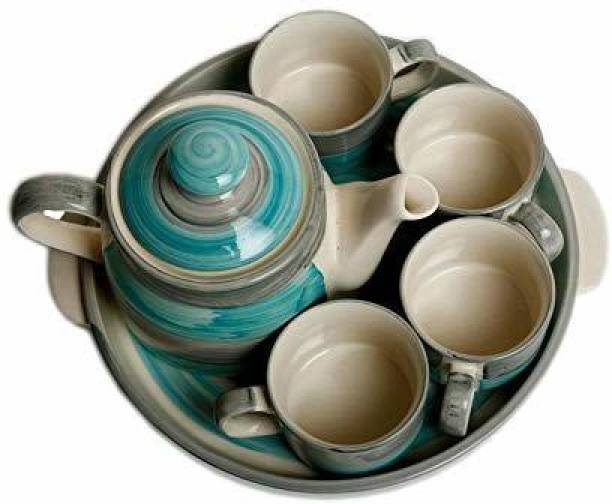 caffeine Pack of 6 Ceramic Ceramic Handmade Green & Gray Tea Tray Set (6pc)