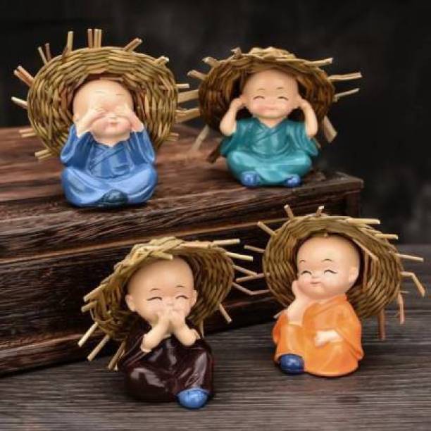 Art N Soul Cute Small Kung Fu Creative Resin Little Monks Straw Hat for Home Office,Interior Desk Decor, Pack OF 4 Decorative Showpiece  -  7 cm