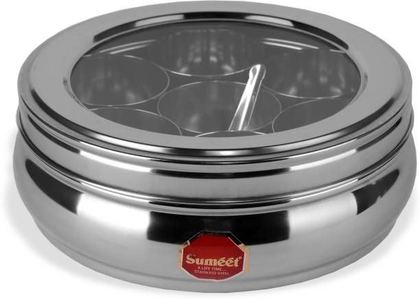Sumeet Stainless Steel Belly Shape Masala (Spice) Box / Dabba/ Organiser with See Through Lid with 7 Containers and Small Spoon Size No. 10 (17.1cm Dia) (1.1 Ltr Capacity) 1 Piece Spice Set