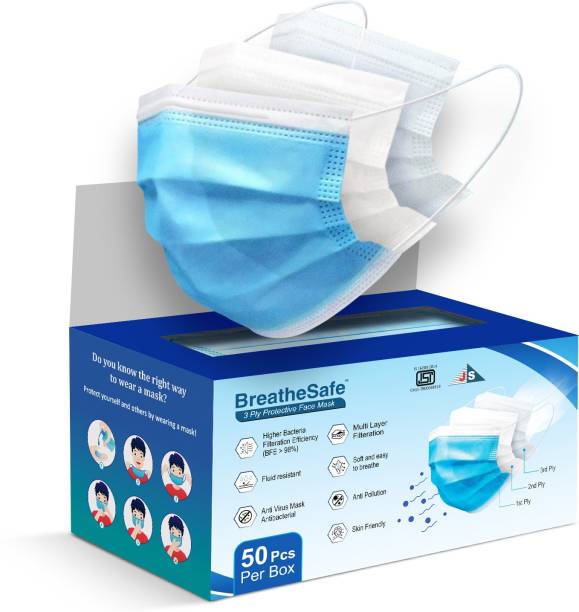 BreatheSafe 3 Ply Protective Face Mask with Nose Pin, BFE >98% & PFE >95%,ISI,CE, BIS & ISO 13485:2016 Certified, Tested by SITRA, Complies to ISI Level 2 & EN14683 Type IIR, Premium Mask For Men and Women 3 Ply Surgical Disposable Face Mask With Thick Melt Blown (SMMS) Filter, Anti-Virus, Anti-Bacteria, Anti-Pollution Mask with Nose Clip PFM100 Water Resistant Surgical Mask With Melt Blown Fabric Layer