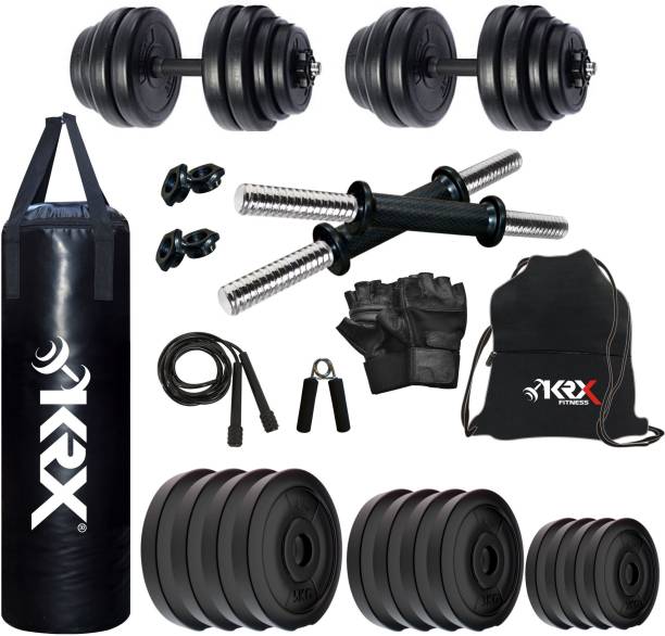 KRX PVC DM 40KG COMBO 4 (5kg x 4 + 3 kg x 4 + 2 kg x 4) with Unfilled Punching Bag Gym & Fitness Kit