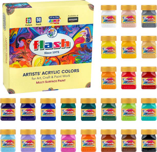 FLASH Acrylic 25 Colors Set (25 Shades X 50ml Each) with Rich Pigments, Non Fading, Non Toxic Paints for Artist, Hobby Painters & Kid