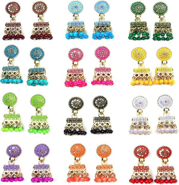 Kreyam's Traditional Fancy Jhumke Earrings Combo for Women (Set of 12) - Wedding Party Wear Multicolored Small Alloy Jhumki Earring