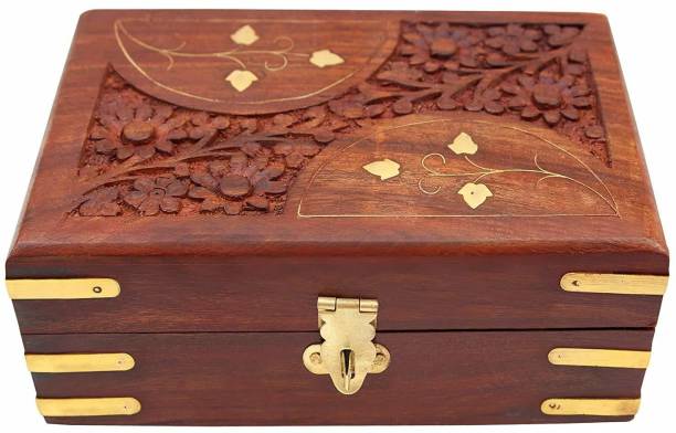 Sankalan Creation Wooden Jewellery Box for Women Wood Jewel Organizer Hand Carved with Intricate Carvings Gift Items - 6 inches Jewellery Vanity Box