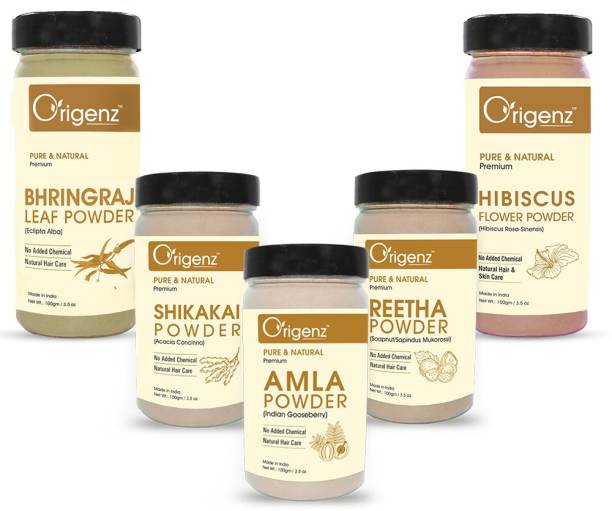 Origenz Premium Hair Care Combo (Amla Powder 100gm + Reetha Powder 100gm + Shikakai Powder 100gm + Bhringraj Powder 100gm + Hibiscus Powder 100gm)