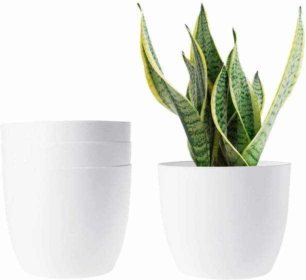 hurrio White Flower Pots for Home Decoration, 5 inch Eco Friendly Plastic Pots for Indoor & Balcony Gardening, Pots with Optional Drainage Hole (Milky White, 4) Plastic Flower Basket