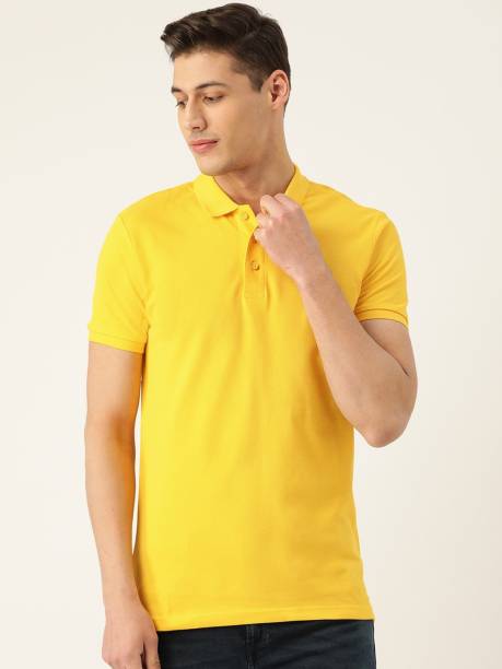 Men Solid Polo Neck Yellow T-Shirt Price in India