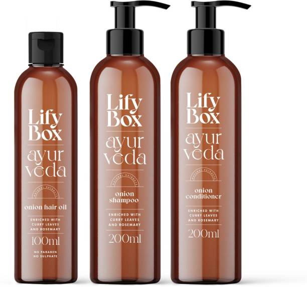 Lifybox Onion Hair Oil (100ml) + Shampoo (200ml) + Conditioner (200ml) Combo Pack for Hair Growth, Regrowth, dandruff and hair fall control treatment | Sulphate & Paraben Free